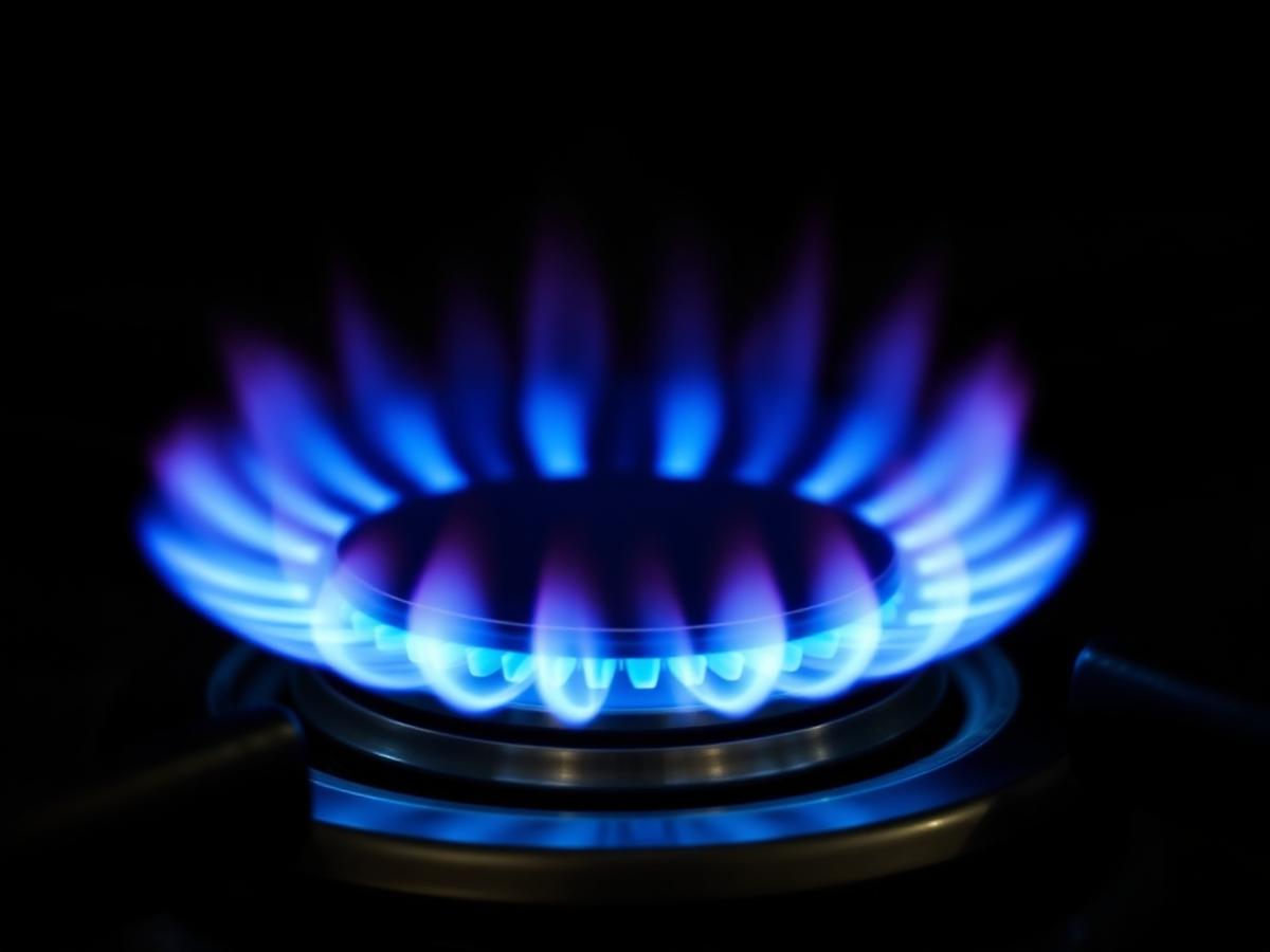 Blue natural gas flame burning on a residential kitchen stove burner