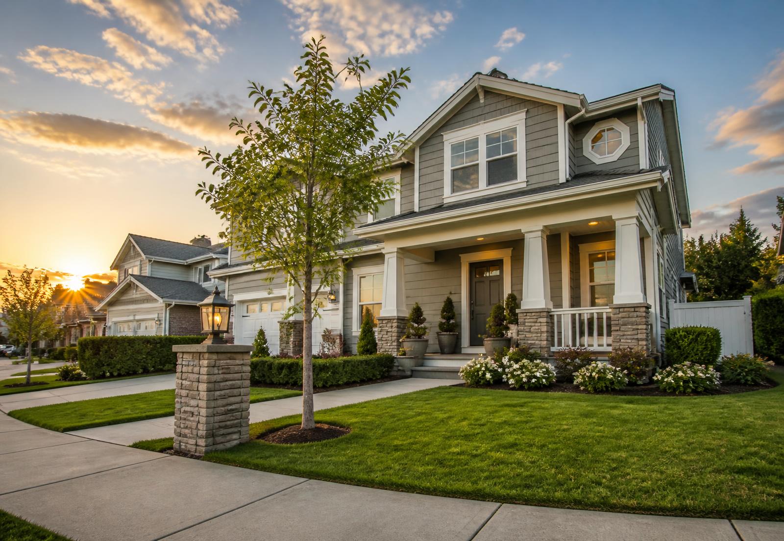 American suburban family home at sunset in a residential neighborhood