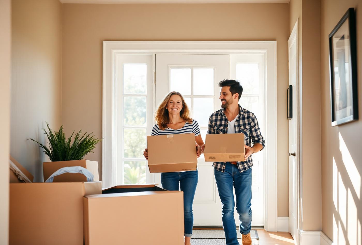 Couple carrying moving boxes into the entryway of their new home