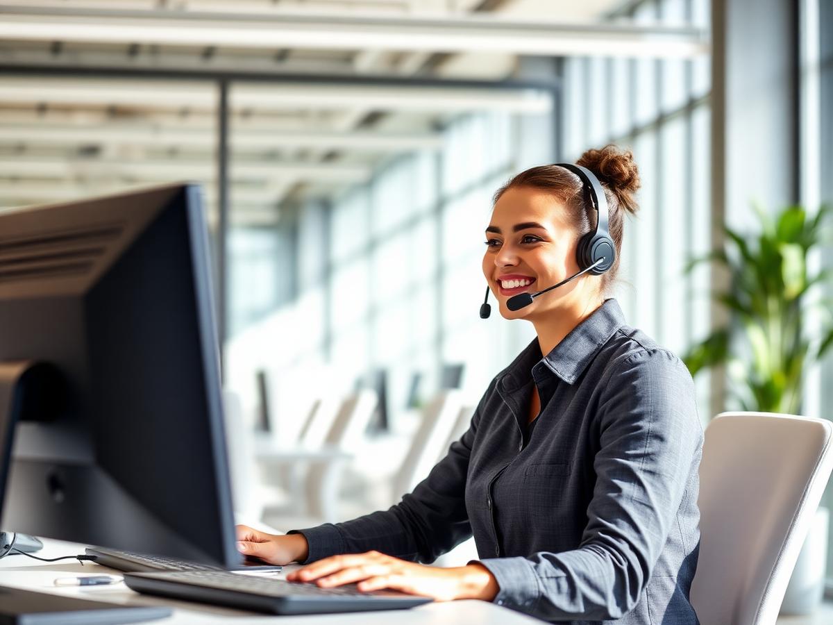 Customer support representative with a headset assisting a caller with utility service questions
